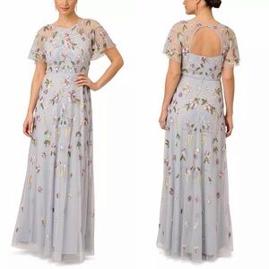 NEW Adrianna Papell Beaded Floral Gown Glacier Blue Women’s 10 Wedding MOB